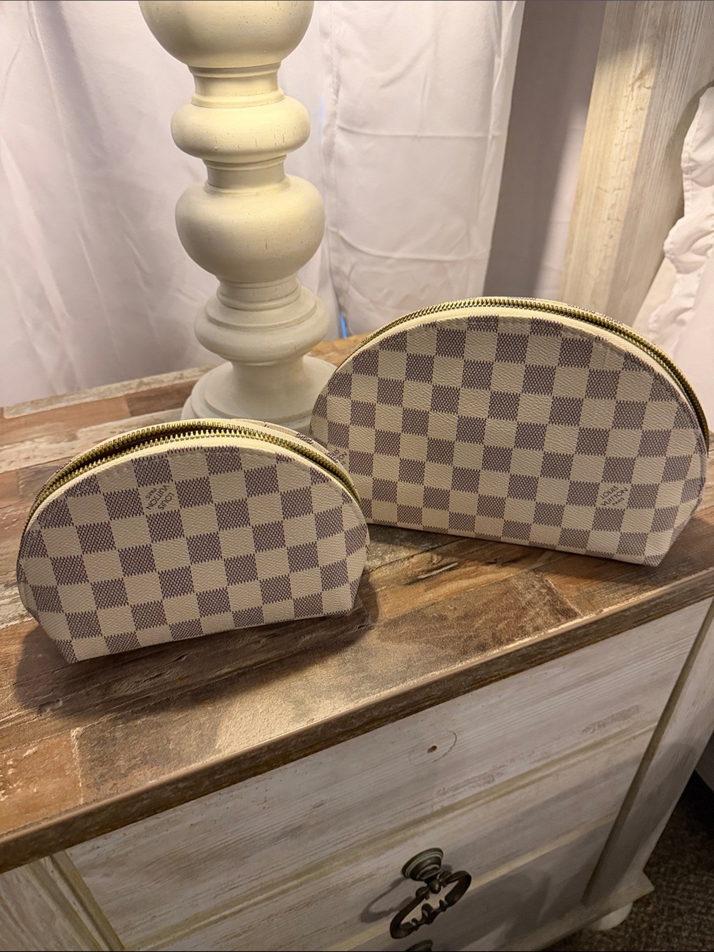 Checkered Cosmetic Pouch Set in Beige and Taupe